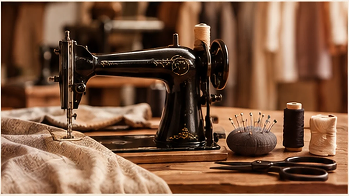 Mașină de cusut vintage, mosoare de fir și foarfece pe o masă de lucru